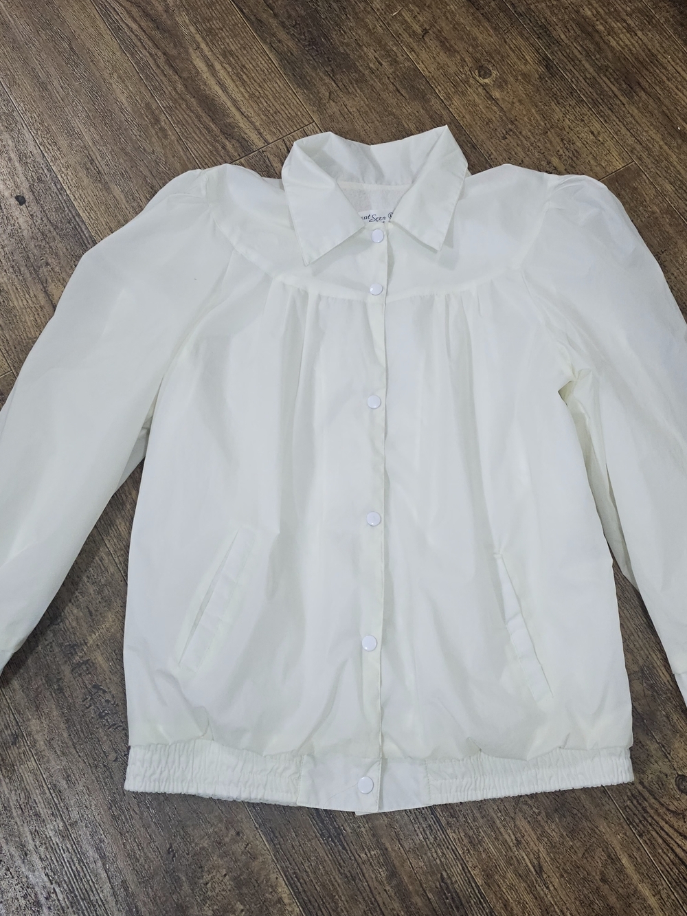 Vtg Current Seen Women L Cream Nylon Jacket Cotton Lined Snap Front Puff Sleeve - Picture 2 of 11